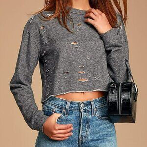 Lulus Times Are Changing Distressed Cropped Sweatshirt Gray Medium